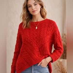 Maeve Anthropologie Cable Knit Sweater Bright Red Asym Hem NWT Size S